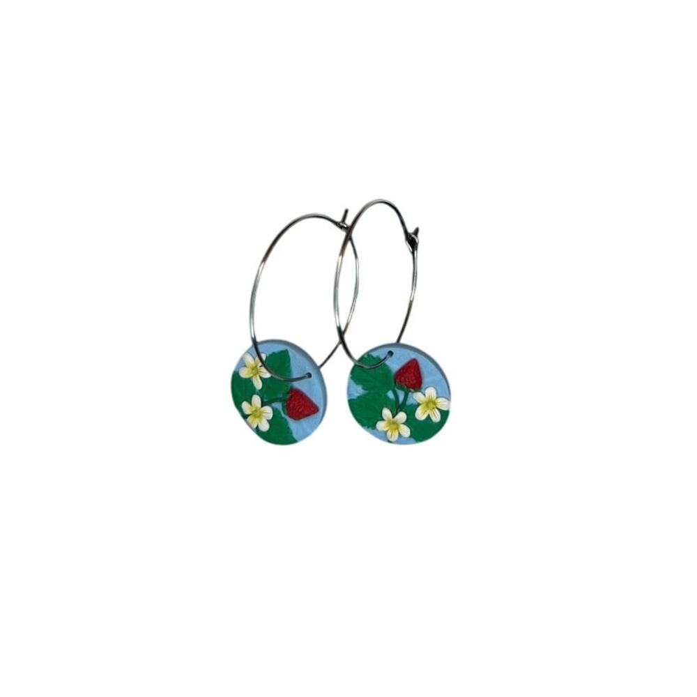 Strawberry Patch Hoop Earrings Handmade Spring Blossom Summer Cottage